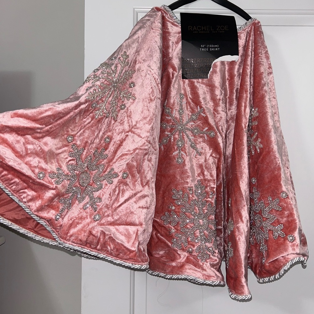Luxury Blush Pink Velvet Christmas Tree Skirt Silver Beaded Snowflake Rachel Zoe